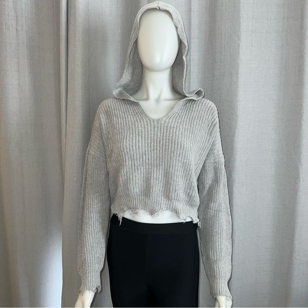 Gray Knit Cropped Hoodie